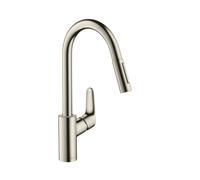 hansgrohe Focus kitchen tap, pull out spray and 150° swivel range, stainless steel