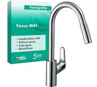 Hansgrohe Metropol Single Bath Flush-Mounted with Lever Handle, matt Black Focus Kitchen tap 240 with Pull Out Spray and 150° Swivel Range, Chrome 31815000, Spout Height 240Mm