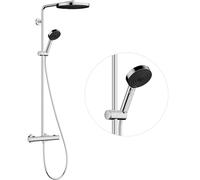 hansgrohe Pulsify S Puro - water-saving shower system (EcoSmart) with thermostat, rainfall shower head (260 mm), hand shower, shower hose, shower rail and head shower round, chrome, 24237000