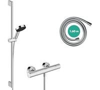 hansgrohe Pulsify Select S - Water-Saving Shower Set Thermostatic Shower Mixer Ecostat Element, with Shower Head 8,2 l/min (EcoSmart), Shower Rail 90cm, Shower Hose 160cm and Holder, Chrome, 24271000