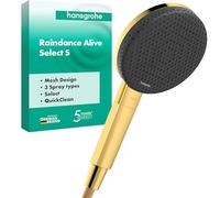 hansgrohe Raindance Alive Select S - Shower Head, Hand Shower Round (125 mm) with 3 Sprays (incl. PowderRain), with Anti-limescale Function, Polished Gold Optic, 24500990