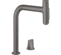 hansgrohe Select 2-Hole Kitchen Tap with Hose Box (Kitchen Tap 110° or 150° Pivoting, High Comfort Spout 200 mm with Extendable Shower, 2 Jet Types and sBox) Brushed Black Chrome
