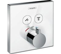 hansgrohe ShowerSelect Glass - thermostat conceiled, bathroom tap with safety stop at 40 °C, thermostat square, mixer tap for 2 functions, white/chrom, 15738400