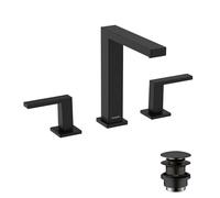 hansgrohe Tecturis E - 3-hole bathroom tap with push-open waste set, bathroom sink tap with spout height 150 mm, basin mixer tap water-saving (EcoSmart+), matt black, 73030670