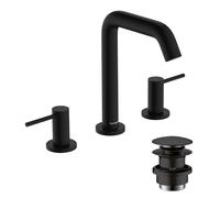 hansgrohe Tecturis S - 3-Hole Bathroom tap with Push-Open Waste Set, Bathroom Sink Water tap with spout Height 150mm, Bathroom Mixer tap Water-Saving (EcoSmart+), matt Black, 73330670
