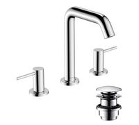 hansgrohe Tecturis S - 3-Hole Bathroom tap with Push-Open Waste Set, Bathroom Sink Water tap with spout Height 150mm, Bathroom Mixer tap Water-Saving (EcoSmart+), Chrome, 73330000