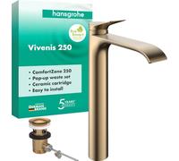 hansgrohe Vivenis Bathroom Sink Tap with Pop-Up Waste Set, Brushed Bronze | spout height 251 mm, full water jet (AirPower), max. 5 l/min, 75040140