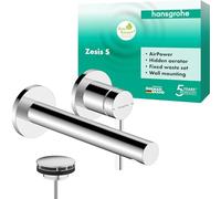 hansgrohe Zesis S - Bathroom tap conceiled for Wall mounting with Waste Set, Bathroom Sink tap with spout Length 19,4 cm, Basin Mixer tap Water-Saving (EcoSmart+), Chrome, 74750000