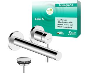 hansgrohe Zesis S - Bathroom tap conceiled for Wall mounting with Waste Set, Bathroom Sink tap with spout Length 19,4 cm, Basin Mixer tap Water-Saving (EcoSmart+), Chrome, 74750000