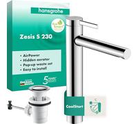 hansgrohe Zesis S - Bathroom tap with pop-up Waste Set, Energy-Saving (CoolStart), Bathroom Sink tap with spout Height 230 mm, Basin Mixer tap Water-Saving (EcoSmart+), Chrome, 74730000