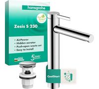 Tall Basin Tap Hansgrohe Zesis S 230, CoolStart, Push-Open waste-set Chrome 74732000