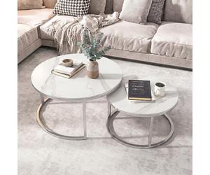 Hanson Coffee Tables - Set of 2 - Round - Italy White Sintered Stone and Chrome