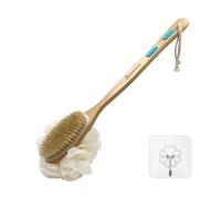 Hanstock Back Scrubber 43cm Long Wooden Handle, Double-Sided Shower Brush with Stiff Bristles and Loofah Exfoliates and Massages Skin, Ideal for Men and Women