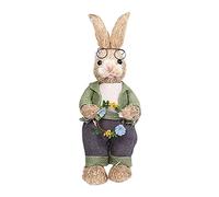 HANTURE Easter Simulation Straw Bunny Rabbit Ornament 17.7Inch Straw Woven Standing Bunny Figurine Holding Wreath Farmhouse Artificial Animal Statue Easter Garden Home Decor, Green