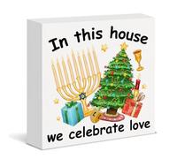 Hanukkah Christmas Sign Decor Chrismukkah Wooden Box Sign Chanukah Xmas in This House We Celebrate Love Wood Block Sign Home Table Shelf Decoration Jewish Gifts