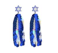 Hanukkah Earrings Star of David Sparkling Sequins Drop Dangle Earrings Handwoven Layered Long Fringe Tassel Dangling Earring Holiday Jewelry, Wood Acrylic, Agate
