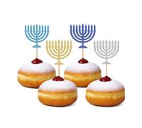 Hanukkah Glitter Menorah Donut Toppers | Blue, Gold, Silver & Aqua Sparkle Party Picks | Festival Of Lights Dessert Decorations | Chanukah Doughnut & Cupcake Decorations | Menorah Theme Party (BLUE)