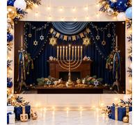 Hanukkah Menorah Holiday Theme Backdrop Banner 71x43 Inch | Star Of David Accents, Photo Backdrop, Dreidel Decorations, Fireplace Mantel Setting, Elegant Velvet Curtain Style