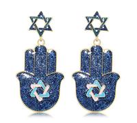 Hanukkah Star of David Menorah Hamsa Earrings - Blue Glitter, Hypoallergenic, Chanukah 8 Days Celebration, Jewish Festive of Lights Jewelry, L, Metal, No Gemstone
