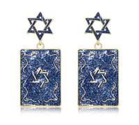 Hanukkah Star of David Menorah Hamsa Earrings - Blue Glitter, Hypoallergenic, Chanukah 8 Days Celebration, Jewish Festive of Lights Jewelry, L, Metal, No Gemstone
