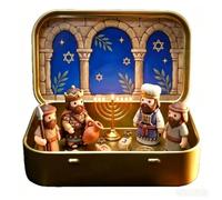 Hanukkah Tiny Scene Tin Box Lighted Menorah Jewish Festival Decor | Metal Storage Box, 4 Resin Mini Figures, LED Menorah, Arch & Star Of David Print, For Tabletop/Bookshelf