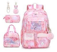HANXIUCAO Girls School Bag Sets - Water Resistant Cute School Backpack with Laptop Compartment for Primary Secondary Students (Kids Backpack+Insulated Lunch Bag+Pencil Case Pink)