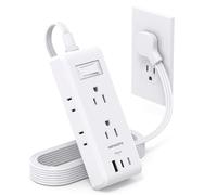 HANYCONY 15 Foot Power Strip, Ultra Thin Cable, 6 Sockets, 3 USB Ports (2 USB C), Wall Mount, Multiple Protection, White