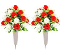 HanYun 2PCS 58cm Artificial Grave Flower Pot, Rose Silk Funeral Flower Grave Pot Artificial Flowers for Graves Fake Flowers for Decoration Outdoor Events Graveside Home Decoration (Red)