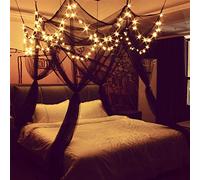 HanYun 8 Corner Bed Canopy with 100 LED String Lights Battery Operated Bed Netting Unique Style 4 Door Square Canopy Mosquito Net for Boys and Girls Bedroom Decor For Twin Full Queen King Bed (Black)