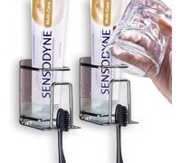 HANZE 2 Pack Toothbrush Holder 304 Stainless Steel Adhesive Wall Mounted 3 in 1 with Toothbrush Holder Toothpaste Holder and Cup Holder for Bathroom Shower