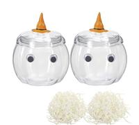HANZE Plastic Pumpkin Jar with Lid - 25oz/740ml Halloween, Thanksgiving Decor & Gift Box - Cute Party Favors with Eyes, Witch Hat & Raffia Paper (Clear - 2 Pack)