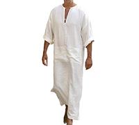 HanzhuoLG Men's Ethnic Kaftan Robes Cotton Middle East Saudi Arabic Robes Dresses Casual Loose Dressing Gown Housecoat White 5XL
