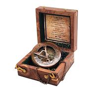 Hanzla Collection Antique Brass Sundial Compass with Wooden Box and Chain - Push Open Compass - Steampunk Accessory - Beautiful Handmade Gift - Sundial Clock
