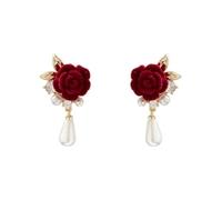 Hao Wu Xuan 2024 Wine Red Velvet Rose Pearl Earrings for Women Vintage Red Rose Elegant High-end Studs Earrings Jewelry Accessories