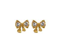 Hao Wu Xuan 2025 Dainty Bow Clear Zircon Earrings Gold Plated Hypoallergenic Stainless Steel Jewelry for Young Girls