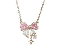 Hao Wu Xuan 2025 Women's Fashion Pink Bow Necklace Sparkling Rhinestone Clavicle Chain Wedding Jewelry