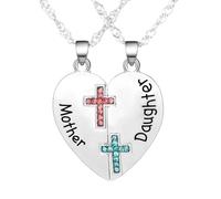 Hao Wu Xuan 2Pcs/Set Dazzling Colorful Crystal Cross Pattern Heart Shaped Mom and Daughter Necklace Mother's Day Family Love Jewelry