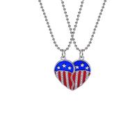 Hao Wu Xuan 2Pcs Set Enamel American Flag Split Heart Necklaces Star Stripes Rhinestone Inlaid Patriotic Couple Jewelry for 4th of July