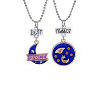 Hao Wu Xuan 2Pcs/Set Enamel Space Best Friend Necklaces, Moon Star UFO Rhinestone Pendant Friendship Jewelry Gift for Girls BFF