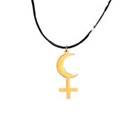 Hao Wu Xuan Astrological Black Moon Lilith Pendant Necklace for Women Moon Cross Leather Rope Jewelry Amulet Gift