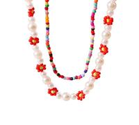 Hao Wu Xuan Bohemia Colorful Beads Pearl Necklace for Women Flower Beaded Choker Necklaces Handmade Party Holiday Jewelry Gifts