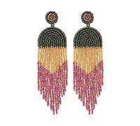 Hao Wu Xuan Boho Chic Art Deco Long Dainty Ethnic Bohemian Black Fringe Tassel Dangle Rice Seed Beaded Earrings for Women