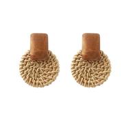 Hao Wu Xuan Boho Handmade Geometric Wooden Rattan Braid Drop Earrings for Women Summer Beach Statement Earring Jewelry