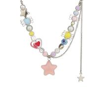 Hao Wu Xuan Boho Kpop Corful Sugar Star Tassel Pendant Choker Necklace for Women Sweet Love Heart Chain Aesthetic Jewelry Accessories