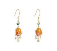 Hao Wu Xuan Classic tassel pearl Ruyi yellow beeswax earrings for women enamel red lotus flower earring elegant light luxury wedding jewelry