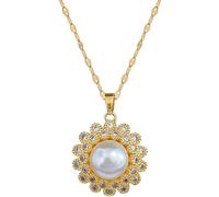 Hao Wu Xuan Creative Pearl Sunflower Inlaid Zircon Pendant Necklace for Women Elegant Party Stainless Steel Chain Jewelry Love Gift