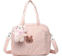 Hao Wu Xuan Cute Baby Diaper Bag Tote, Pink Quilted Design with Plush Doll, Multiple Pockets, Adjustable Crossbody Strap, 24 x 14 x 20.7 cm
