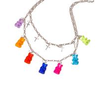 Hao Wu Xuan Cute Candy Color Gummy Mini Bear Necklaces for Women Multi-layer Cross Pendants Necklace Chain Girls Jewelry Gifts