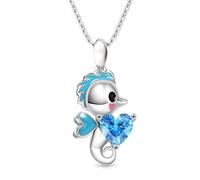 Hao Wu Xuan Exquisite Heart Shaped Blue Crystal Cartoon Seahorse Pendant Necklace for Women Cute Girls Birthday Party Jewelry Romantic Gifts