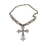 Hao Wu Xuan fashion Fashionable Trend, Sweet and Cool Diamond Cross Pendant, Gorgeous Pearl Hip-hop Collarbone Chain Necklace Gift prezzie